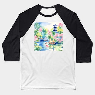 Flamingo in chinoiserie landscape watercolor painting Baseball T-Shirt